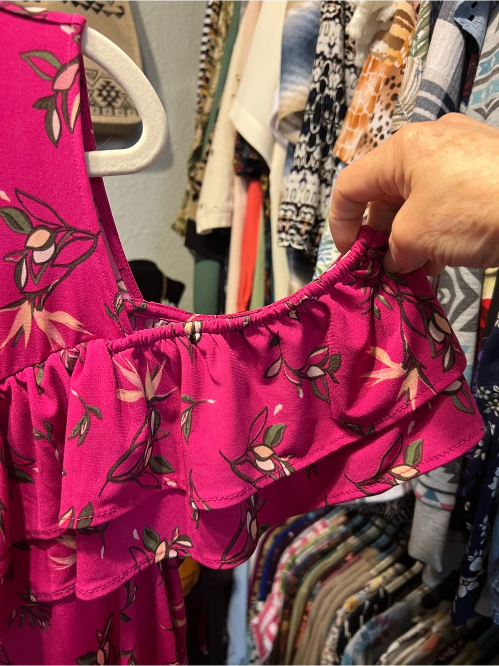Lane Bryant Fuchsia Floral Ruffle Cold-Shoulder Blouse - Picture 2 of 5